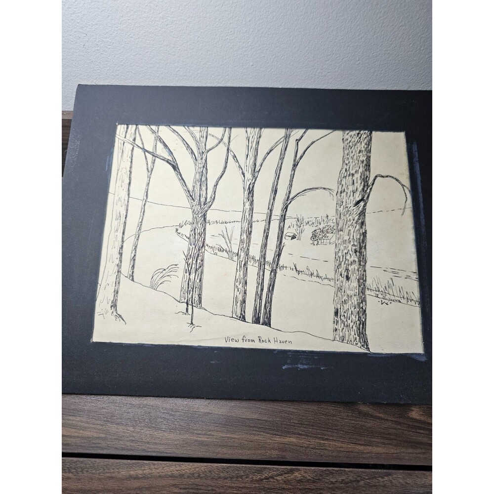 Vintage M Young 1978 View from Rock Haven Ink Drawing Matted Art 12x9